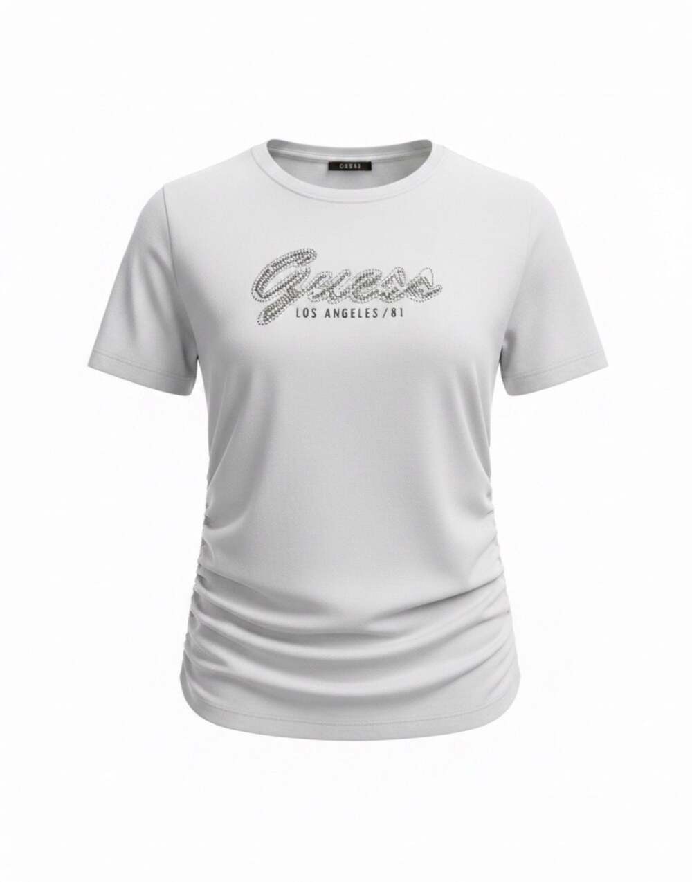 GUESS Rhinestone Script Logo T-Shirt with Side Ruching